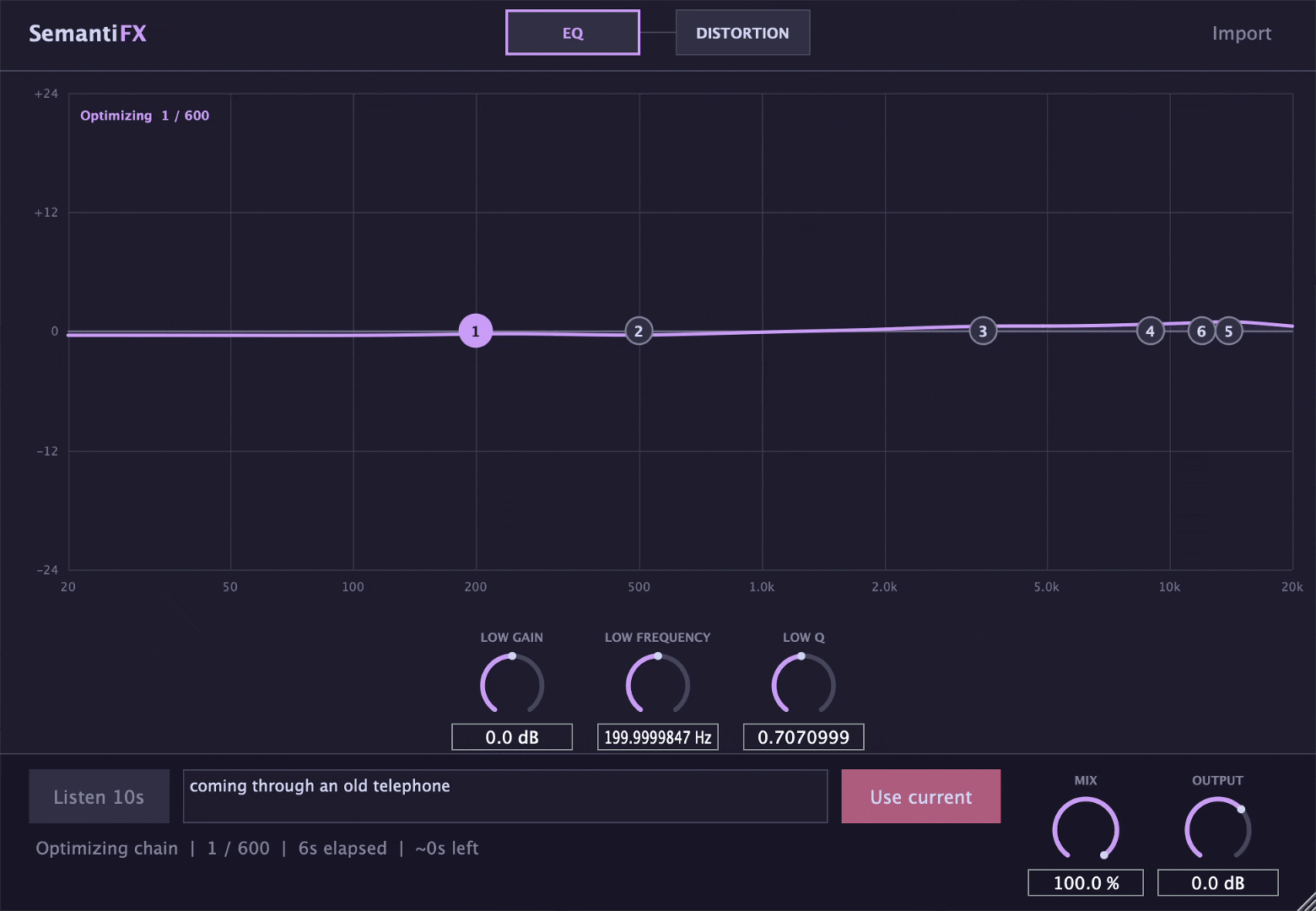 The Semantifx plugin interface: an EQ curve, a text prompt box, and ordinary knobs